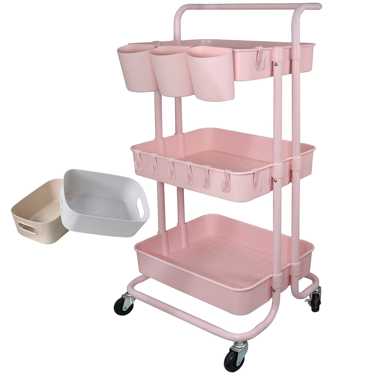 Freletry 3 Tier Utility Rolling Cart Storage Organizer Shelf Rack with 3PCS Hanging Cups + 8PCS Hooks + 2PCS Storage Box for Hom