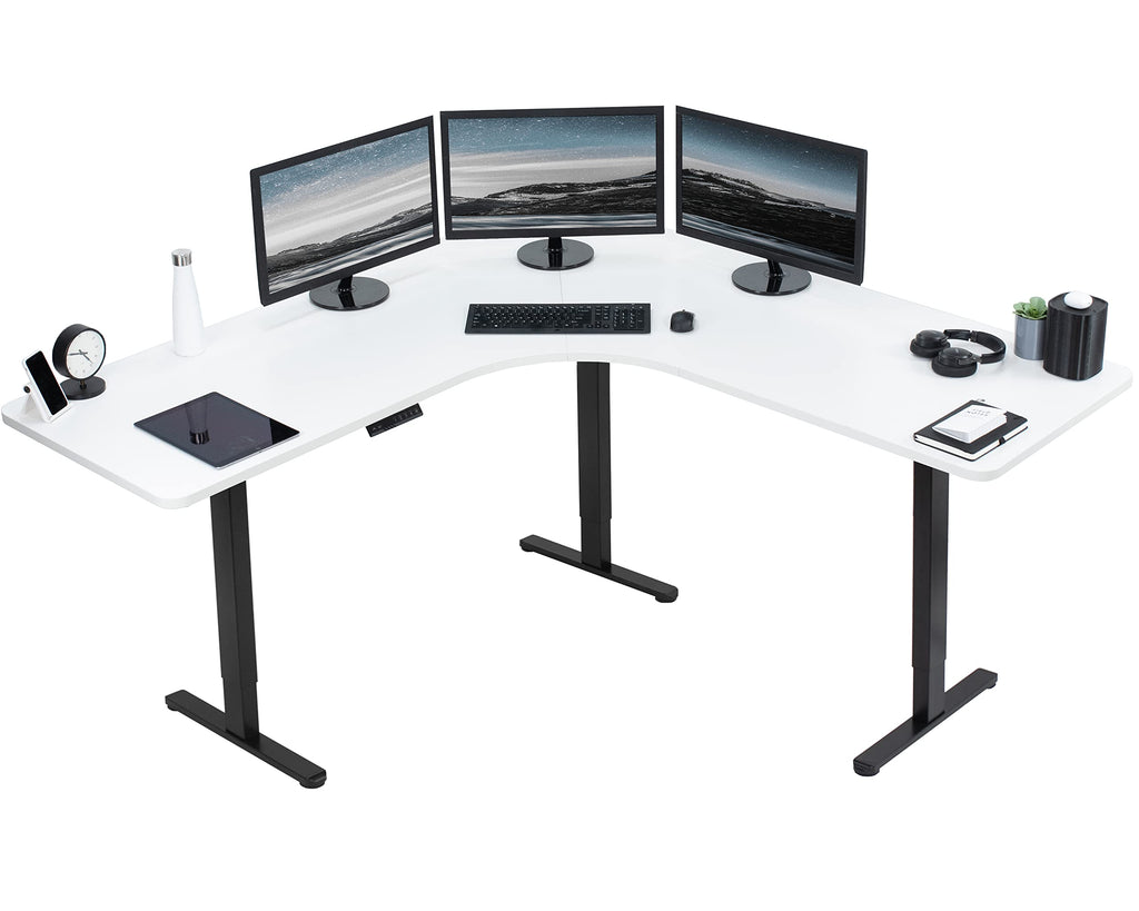 Vivo Electric Height Adjustable 71 X 71 Inch Curved Corner Stand Up Desk, White Table Top, Black Frame, Memory Controller, L-Shaped Workstation, E3C Series, Desk-Kit-E3Cbw