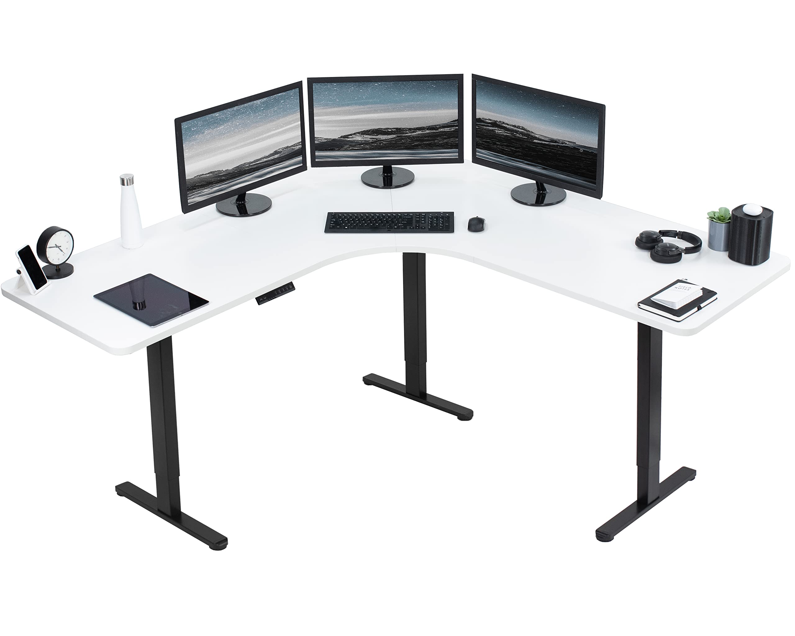 Vivo Electric Height Adjustable 71 X 71 Inch Curved Corner Stand Up Desk, White Table Top, Black Frame, Memory Controller, L-Shaped Workstation, E3C Series, Desk-Kit-E3Cbw
