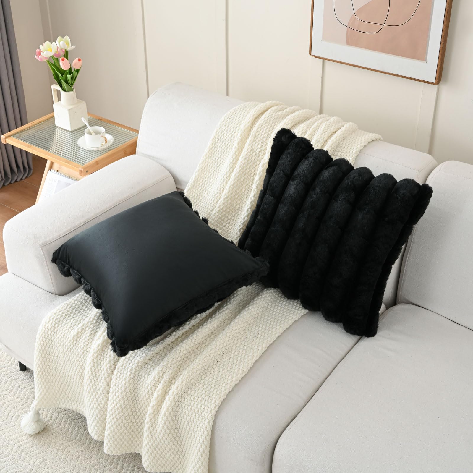 Futei Black Decorative Throw Pillow Covers 18X18 Inch Set Of 2, Square Soft Faux Rabbit Fur Big Plaid Cushion Cover,Home Decor F