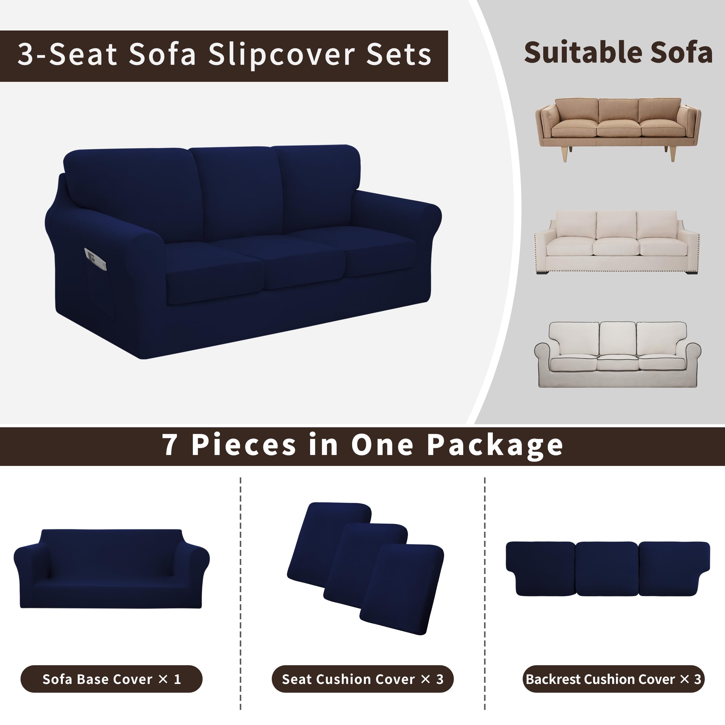 Easy-Going 7 Pieces Stretch Couch Cover Washable Sofa Cover Set For 3 Backrest And Seat Cushion Couch Anti-Slip Sofa Slipcover F