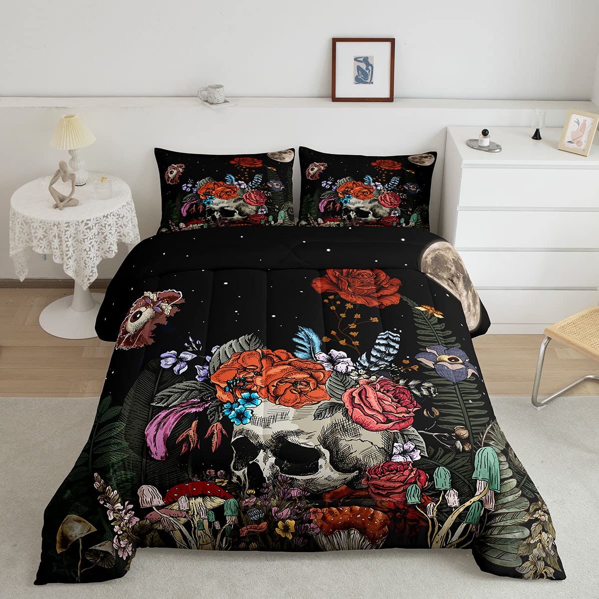 Erosebridal Sugar Skull Bedding Set,Botanical Flower Comforter Set for Kids Boys Girls Home Decor,Starry Sky Duvet Set Trippy Ga