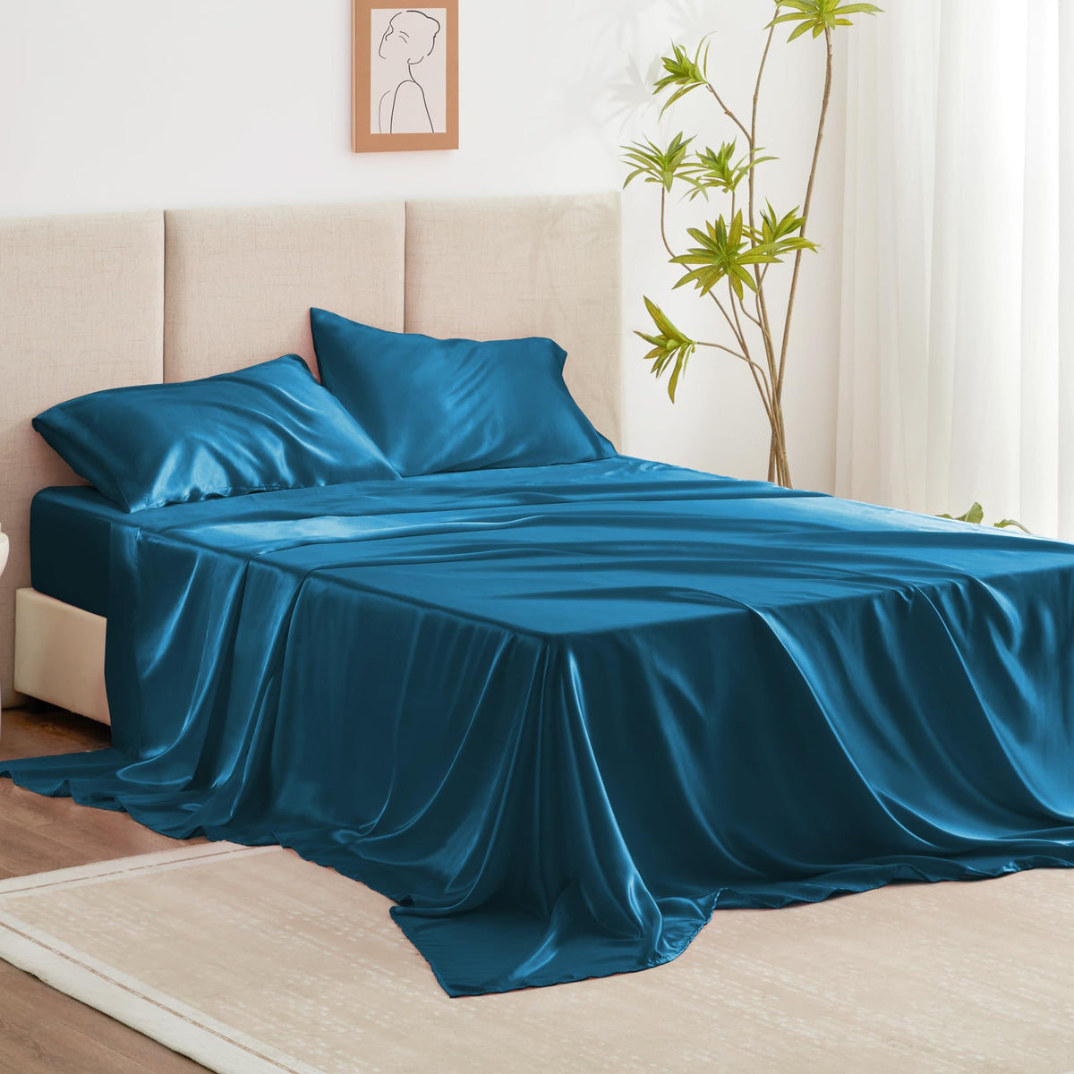 Love'S Cabin Full Size Satin Sheet Sets - 4 Piece Teal Silky Satin Sheet Set Full With Deep Pocket, Luxury Silk Feel Satin Bed S