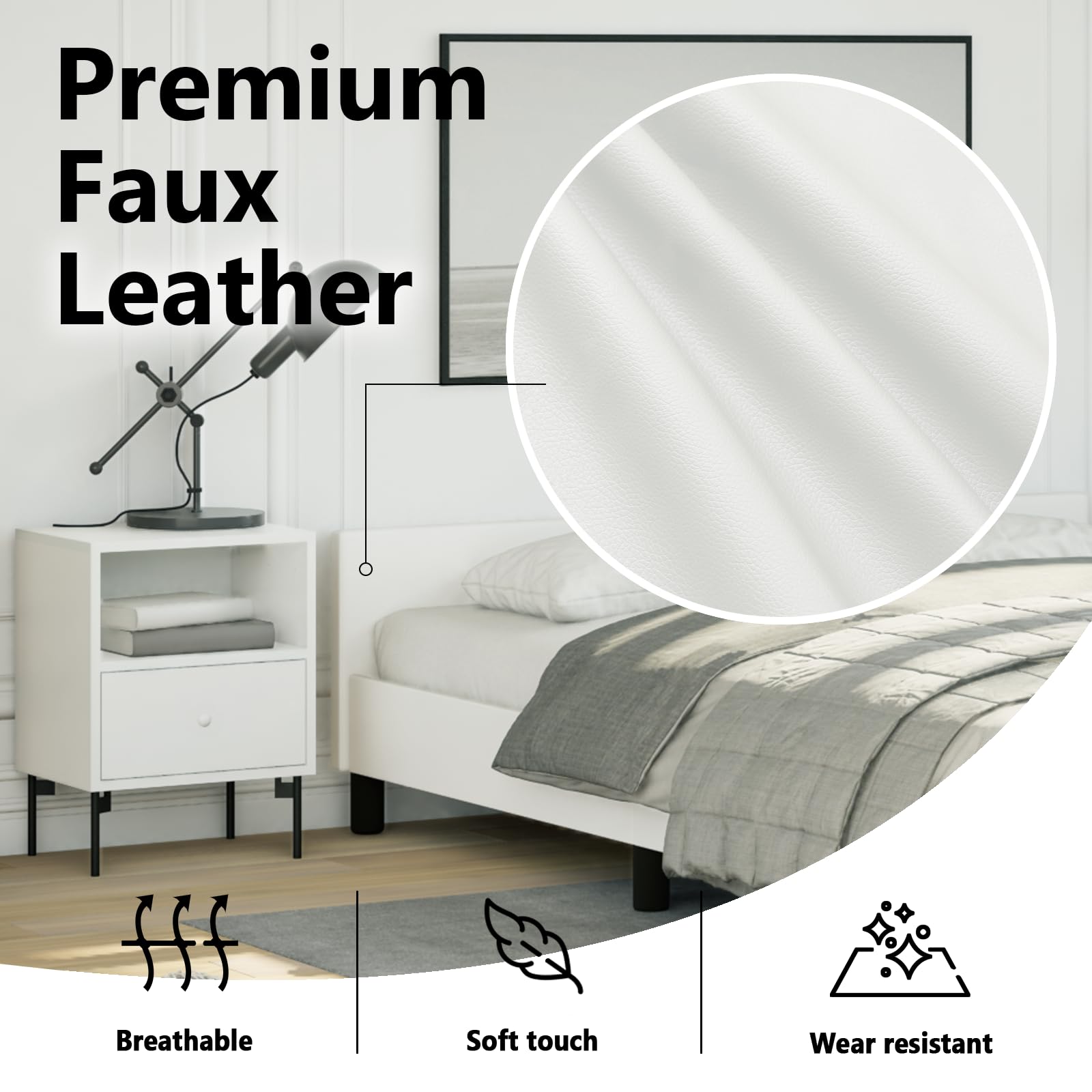 vidaXL Faux Leather Bed Frame Platform Bed, Scandinavian Style/Slats Support/No Box Spring Needed/Without Mattress/Easy Assembly, White Full Bed