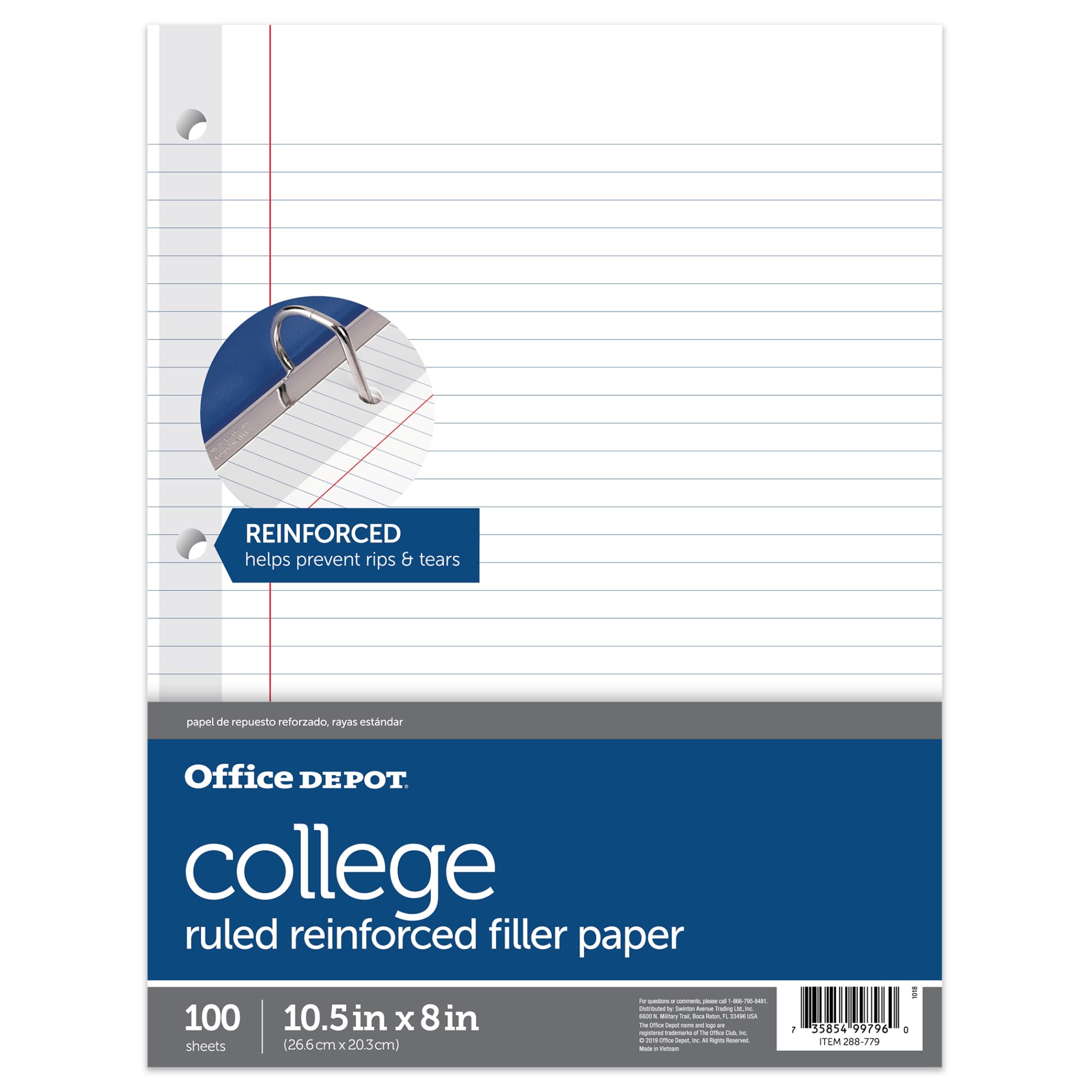 Office Depot Brand Reinforced Filler Paper, 8' X 10 1/2', 16 Lb, College Ruled, White, Pack Of 100