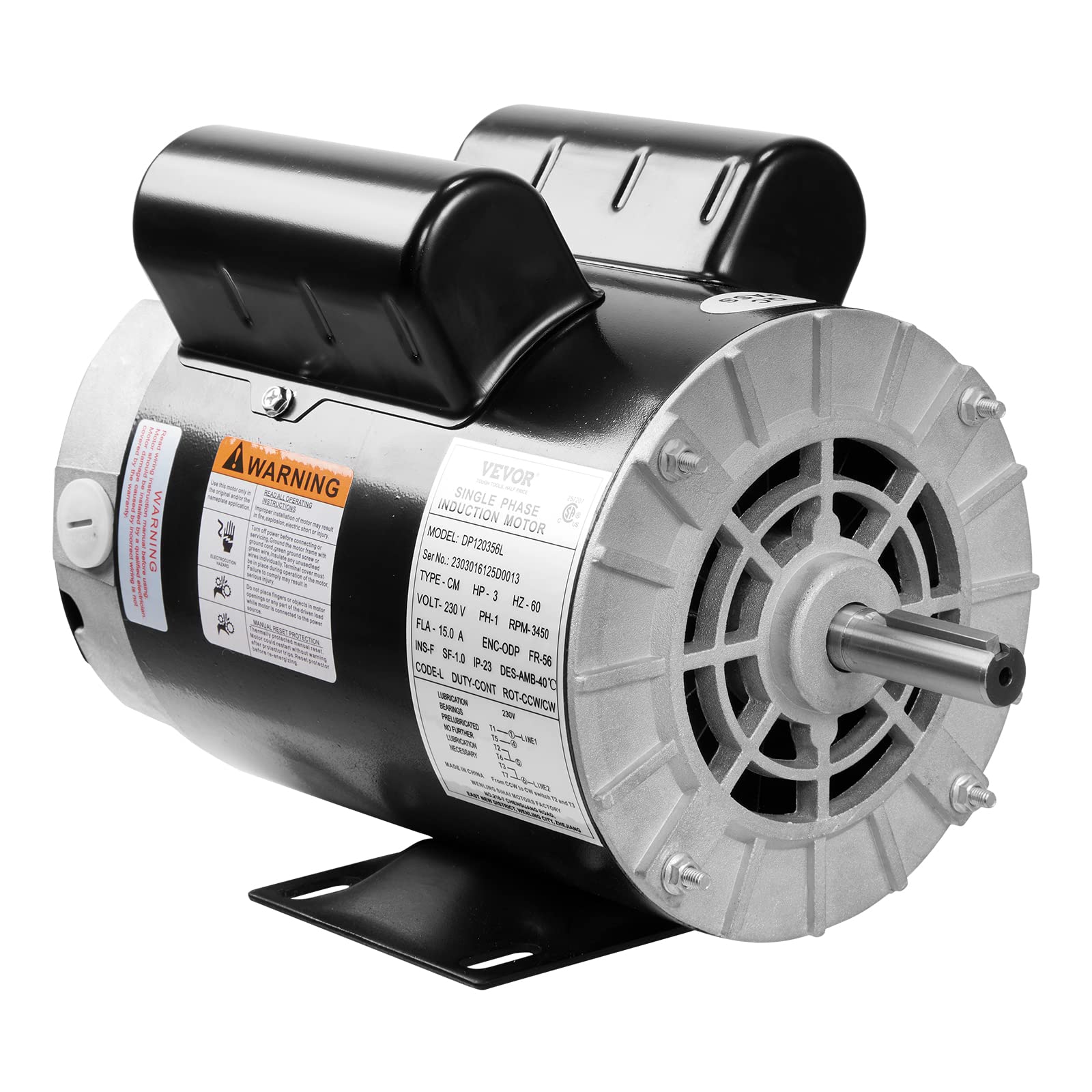 VEVOR 3HP Air Compressor Electric Motor, 230V 15 Amps, 56 Frame 3450RPM, 5/8'' Keyed Shaft, CW/CCW Rotation, 1.88'' Shaft Length