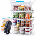 CHILLARO Deep Freezer Organizer Bins 4Pack White with Portable Heat Sealer & Reusable PEVA Bags, HeavyDuty Stackable Chest Fre