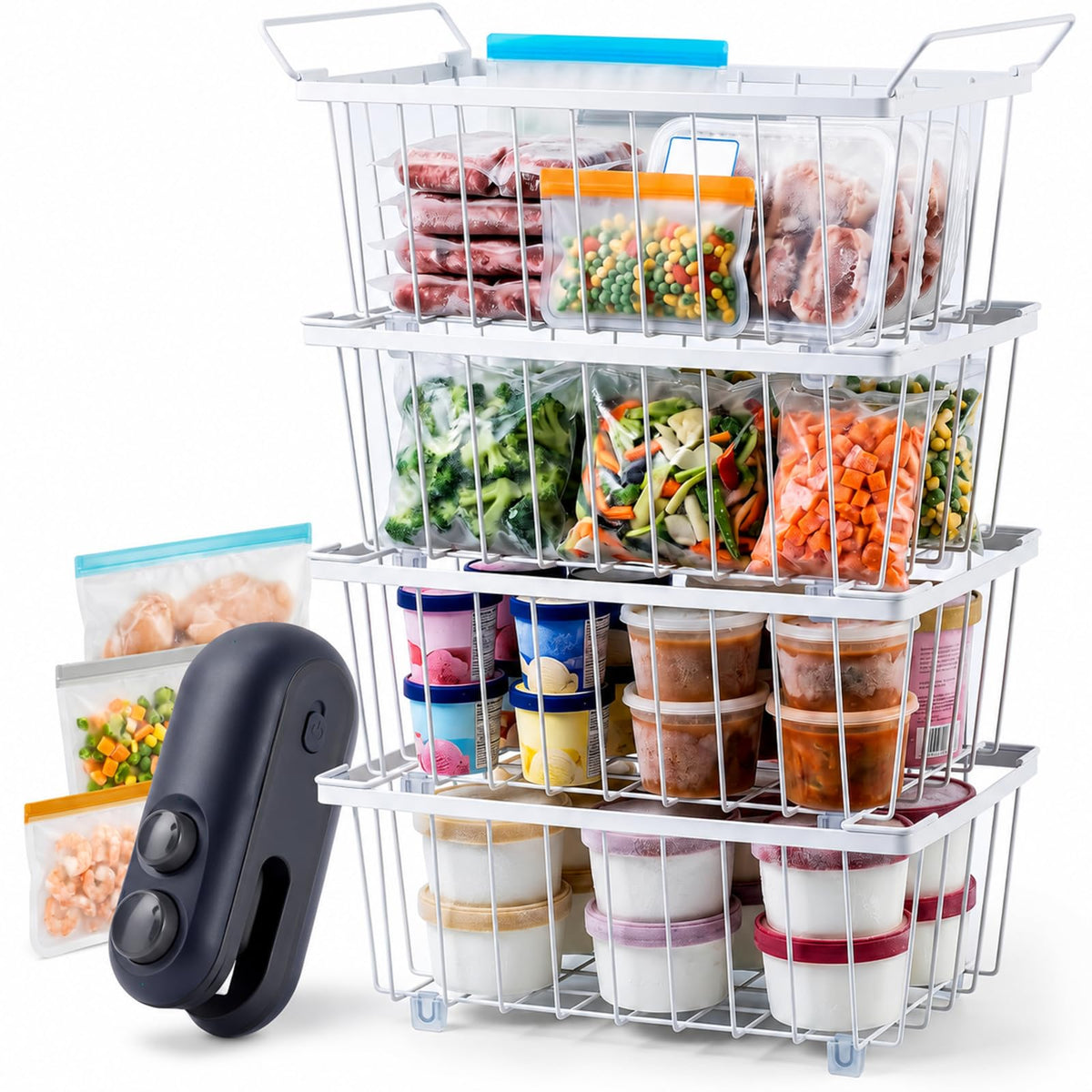 CHILLARO Deep Freezer Organizer Bins 4Pack White with Portable Heat Sealer & Reusable PEVA Bags, HeavyDuty Stackable Chest Fre