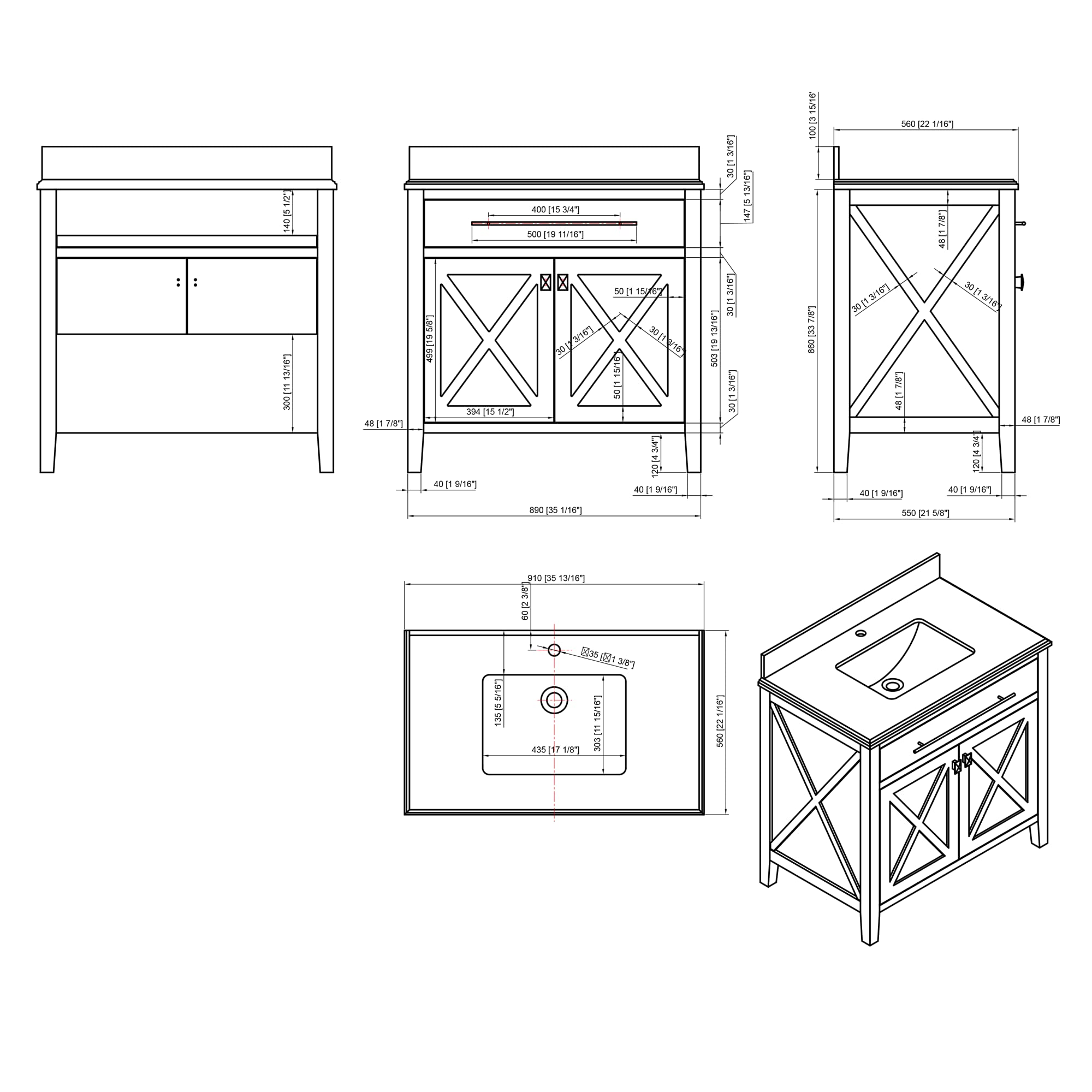 Laviva Wimbledon - 36 - Grey Cabinet Black Wood Marble Countertop