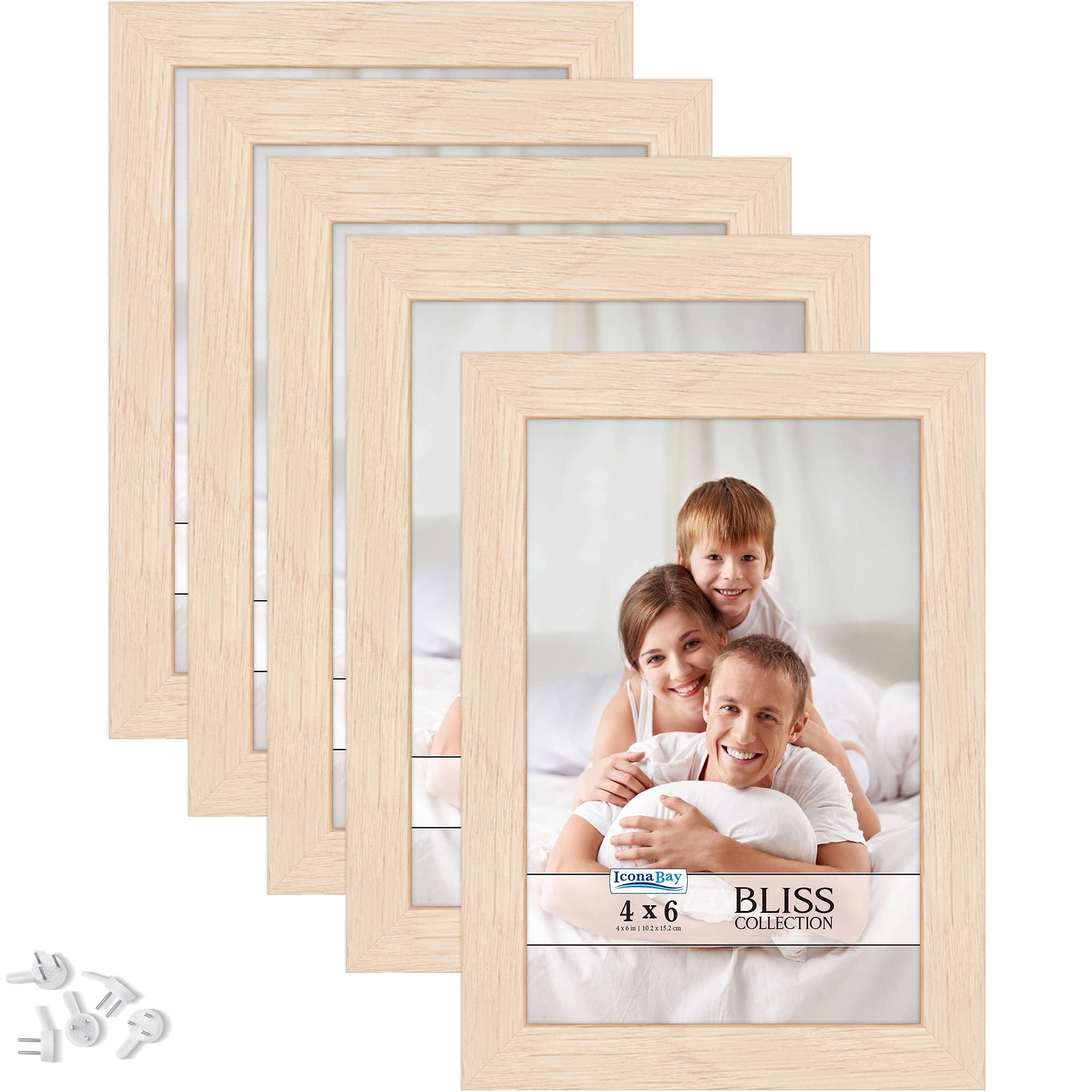 Icona Bay 4x6 Picture Frames (Light Oak, 5 Pack), Modern Style Wood Composite Frames Table Top or Wall Mount, Bliss Collection