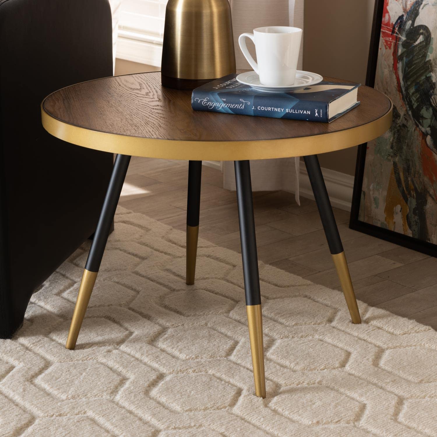 Baxton Studio Lauro Modern and Contemporary Round Walnut Wood and Metal Coffee Table with Two-Tone Black and Gold Legs