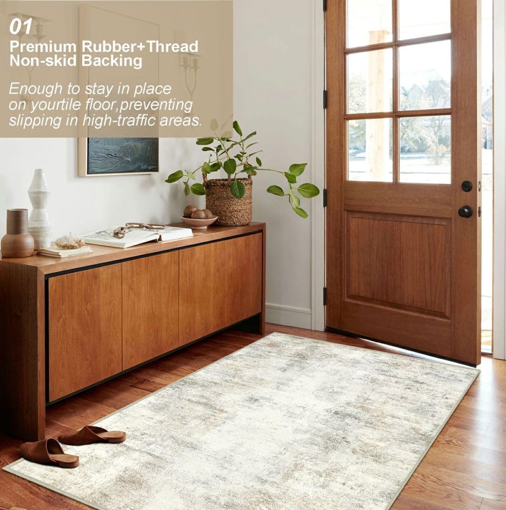 Capslpad Machine Washable Rug, Modern Abstract 3X5 Light Beige Area Rug, Low Pile Soft Non-Shedding Area Rug For Entryway, Bedsi
