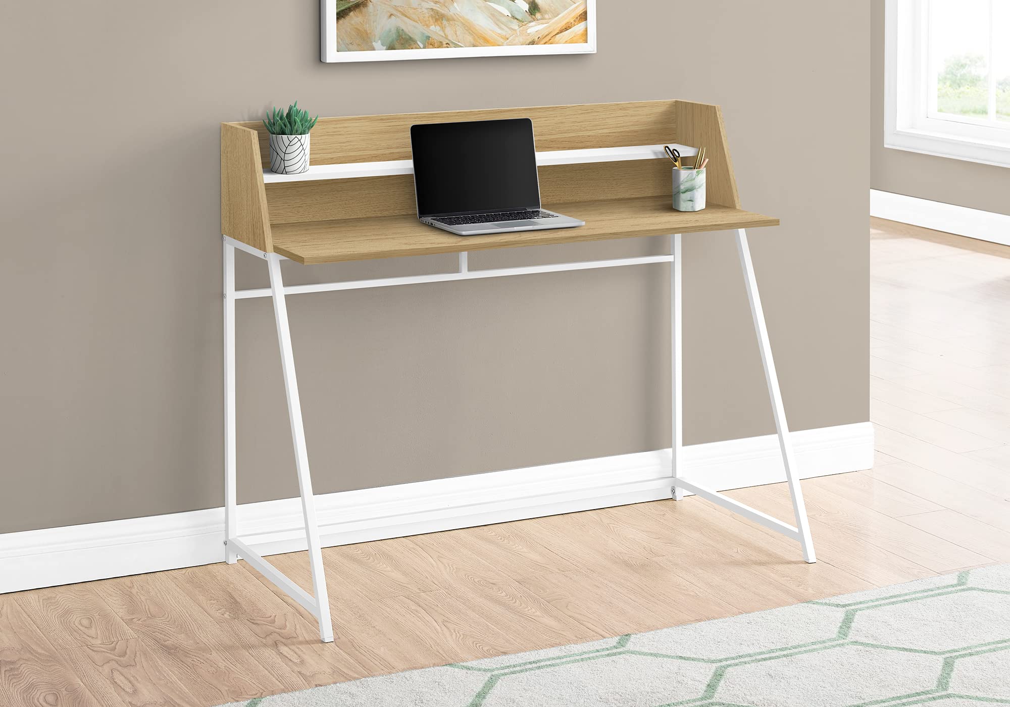 Monarch Specialties 7543 Computer Desk, Home Office, Laptop, Storage Shelves, 48&quot; L, Work, Metal, Laminate, Contemporary, Modern Desk-48, 47.25&quot; L x 23.75&quot; W x 39.25&quot; H, Natural Wood-Look/White