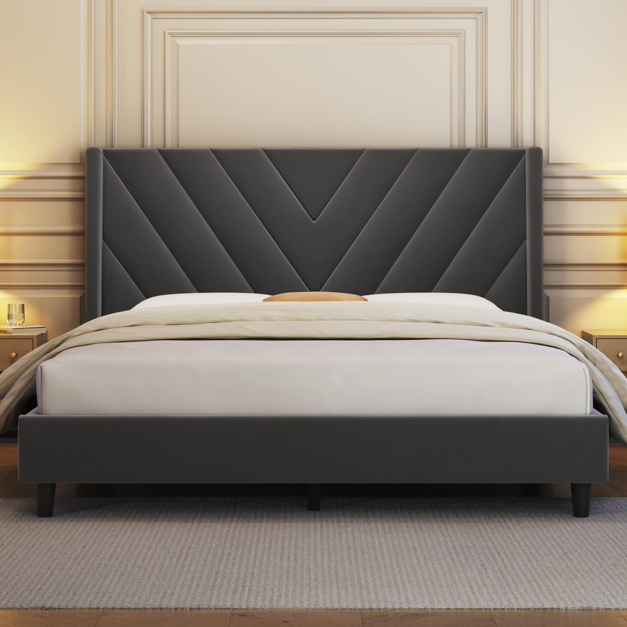 Yaheetech Full Bed Frame Upholstered Platform Bed With Wing Side Tufted Headboard/Sturdy Wooden Slat Support/No Box Spring Needed/Mattress Foundation,Dark Gray Full Bed