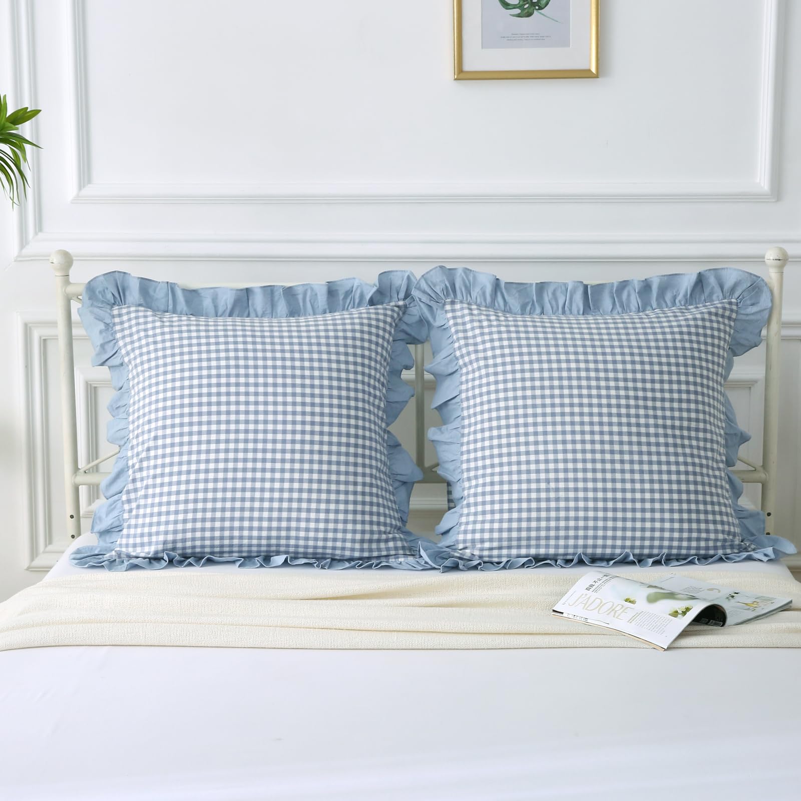 Mywinlle Blue White Plaid Euro Pillow Shams 2 Pack Ruffle Pillowcases,Shabby French Country Checkered Pillow Cover Washed Cotton