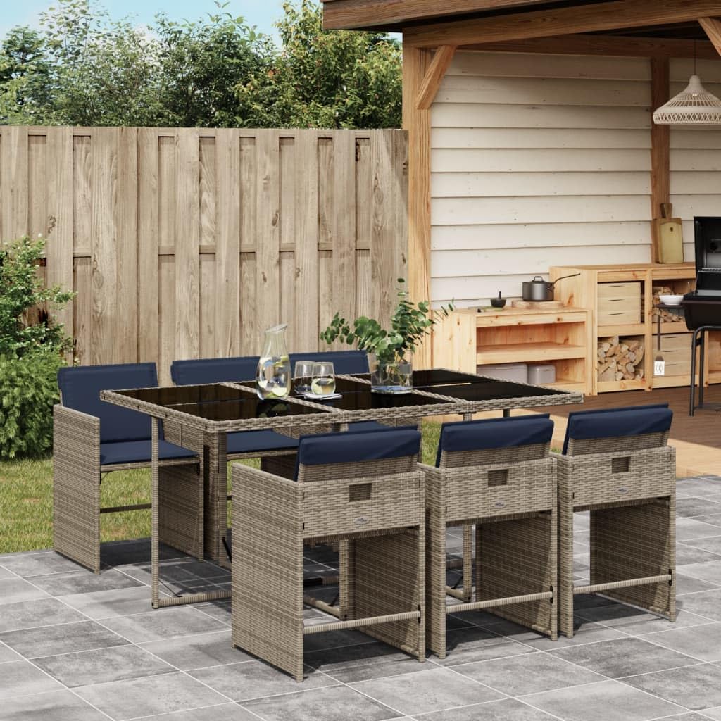 vidaXL Patio Dining Set - 7 Piece Outdoor Furniture with Cushions, Foldable Gray PE Rattan Chairs, Garden, Backyard, Patio - Gray/Navy Blue