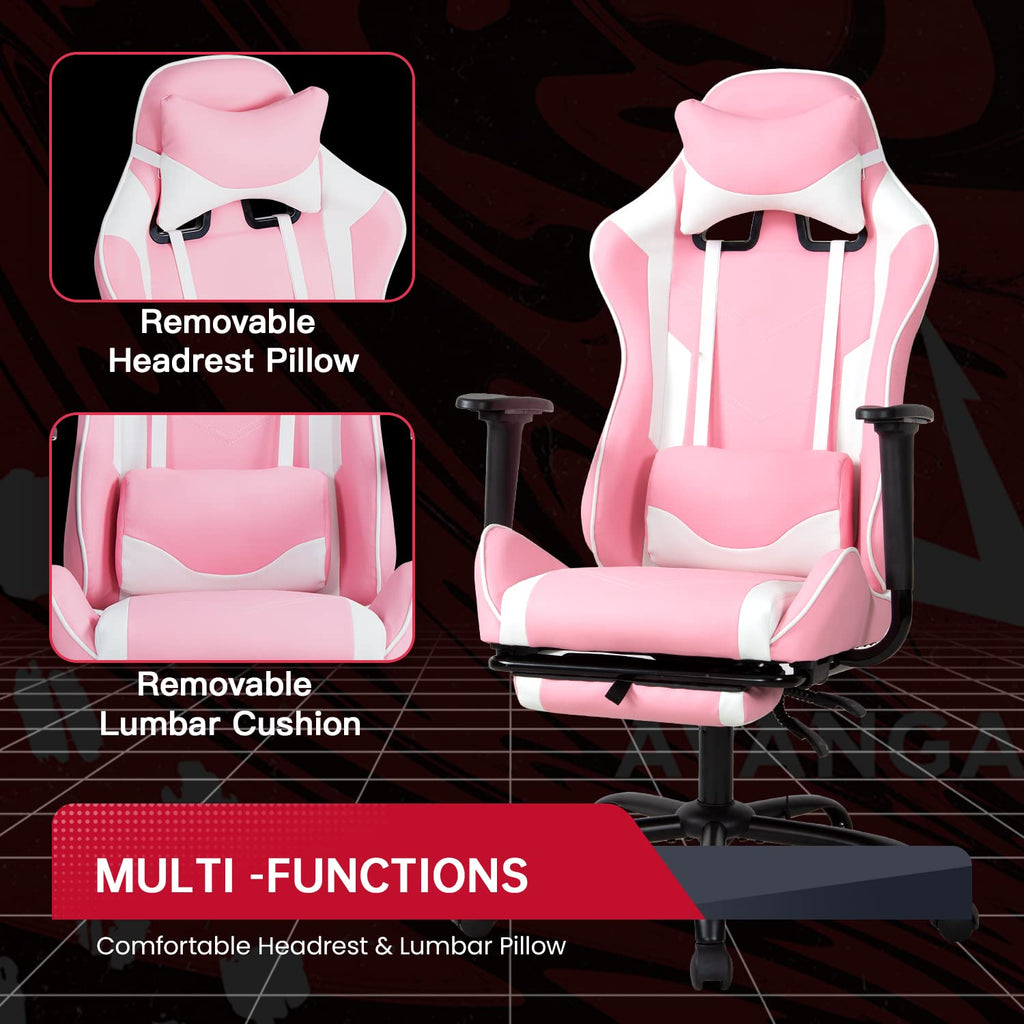 Pc Gaming Chair Desk Chair Ergonomic Office Chair Executive High Back Pu Leather Racing Computer Chair With Lumbar Support Footrest Modern Task Rolling Swivel Chair For Women Men Girls Adults, Pink