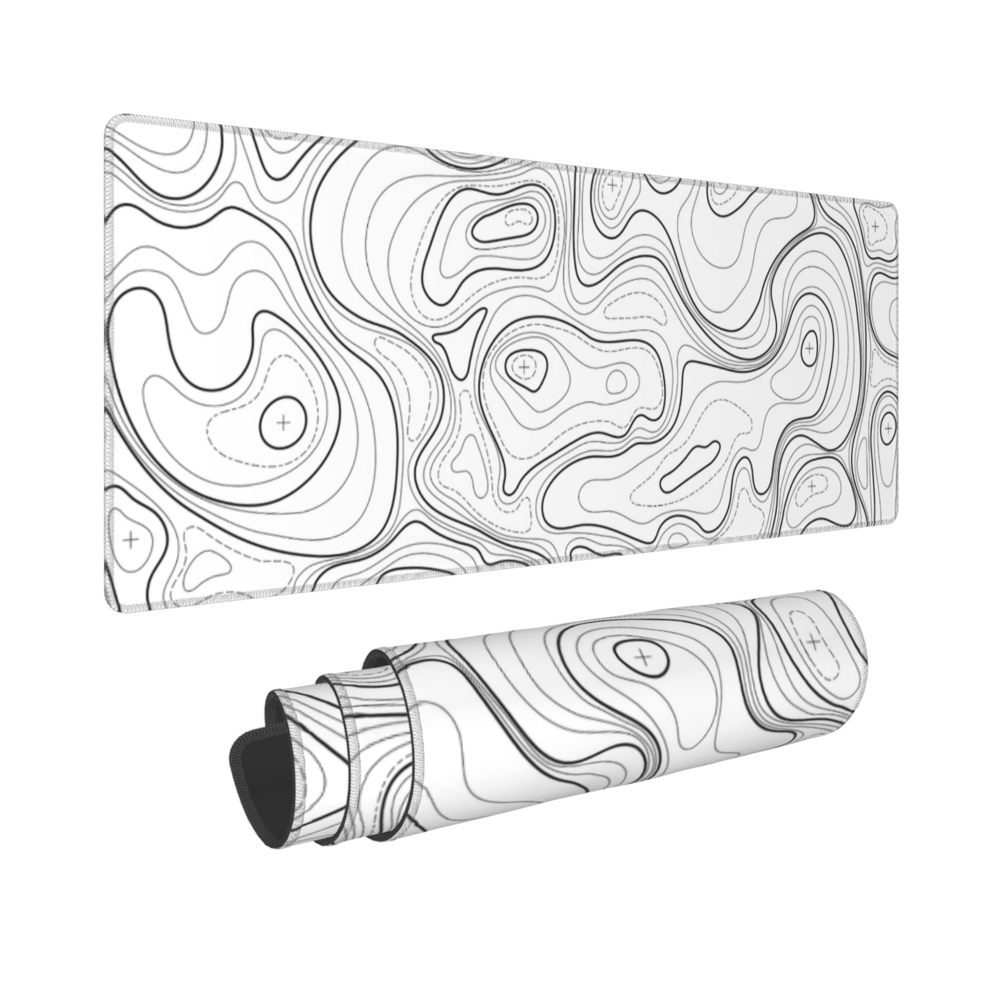 White Topographic Contour Xl Gaming Mouse Pad Extended Long Large Mousepad With Stitched Edges Laptop Desk Pad Computer Keyboard