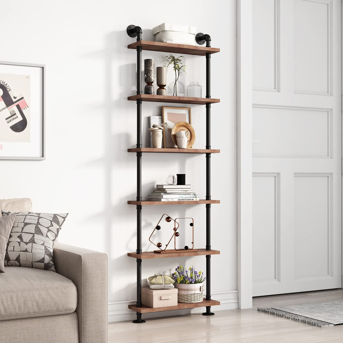 BOSURU Industrial Pipe Bookshelves Rustic Wood Ladder Bookshelf, Industrial Pipe Shelf for Living Room Decor and Storage,Bookcas
