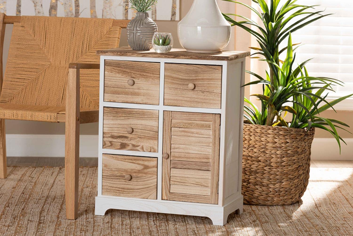 Baxton Studio Gella Rustic Transitional Two-Tone White and Oak Brown Finished Wood 4-Drawer Storage Unit
