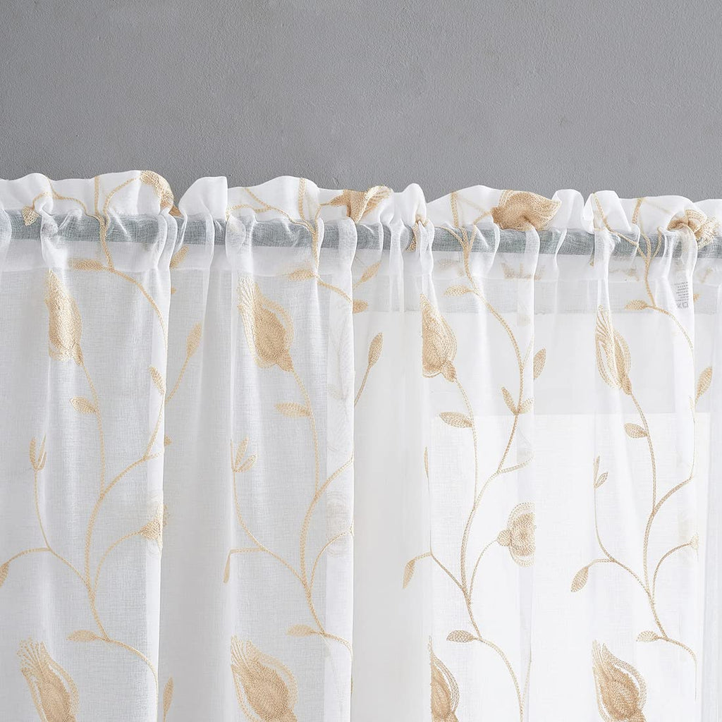 Floral Embroidery Beige Sheer Curtains 84 Inches Long, Rod Pocket Sheer Drapes For Living Room, Bedroom, 2 Panels, 52''X 84'', S