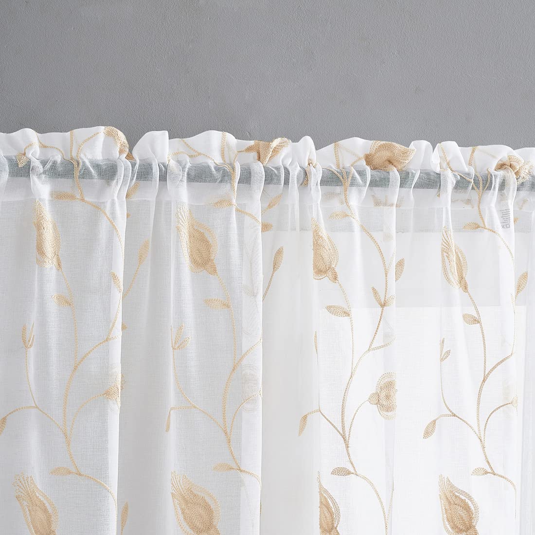 Floral Embroidery Beige Sheer Curtains 84 Inches Long, Rod Pocket Sheer Drapes For Living Room, Bedroom, 2 Panels, 52''X 84'', S
