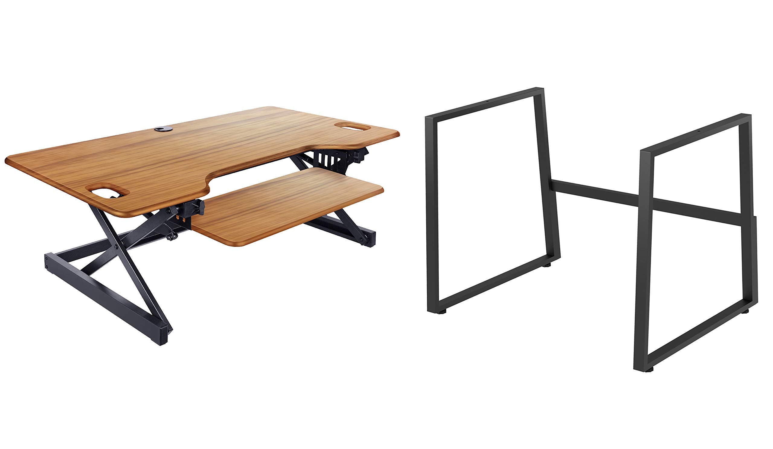Rocelco 46" Large Height Adjustable Standing Desk BUNDLE - Quick Sit Stand Up Dual Monitor Riser - Tall Gas Spring Assist Computer Workstation - Retractable Keyboard Tray - Teak (R DADRT-46-FS2)