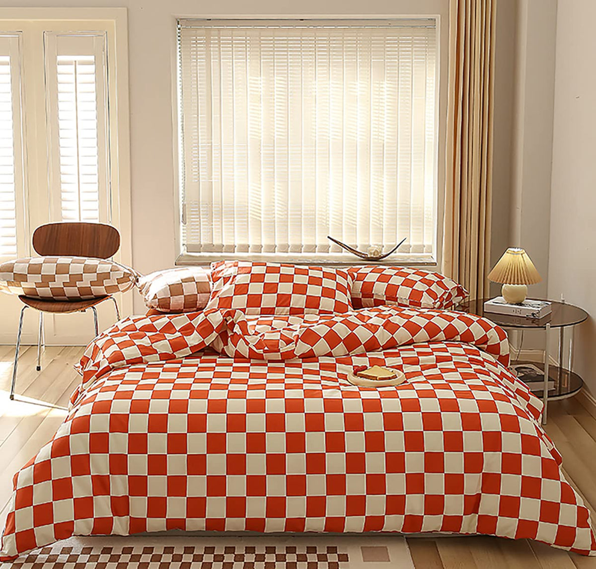 Karever Orange White Grid Comforter Set King Burnt Orange Plaid Bedding Set Women Reddish And White Checkered Bed Comforter Set