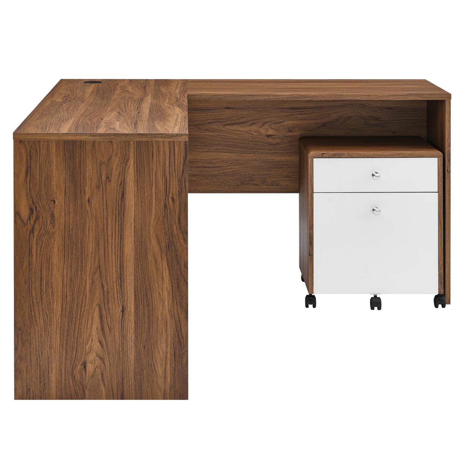 Modway Transmit Mid-Century Modern Office Walnut White, Desk And File Cabinet Set