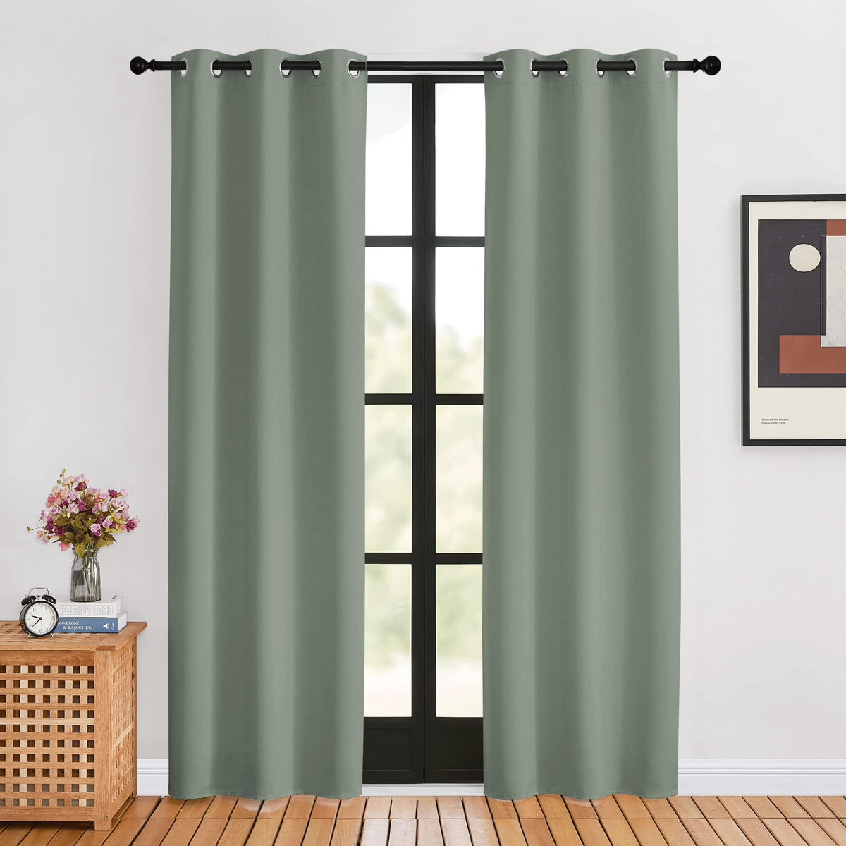 Nicetown Window Curtain Panels, Greyish Green, 1 Pair, 34 By 80-Inch, Thermal Insulated Solid Grommet Blackout Draperies/Drapes