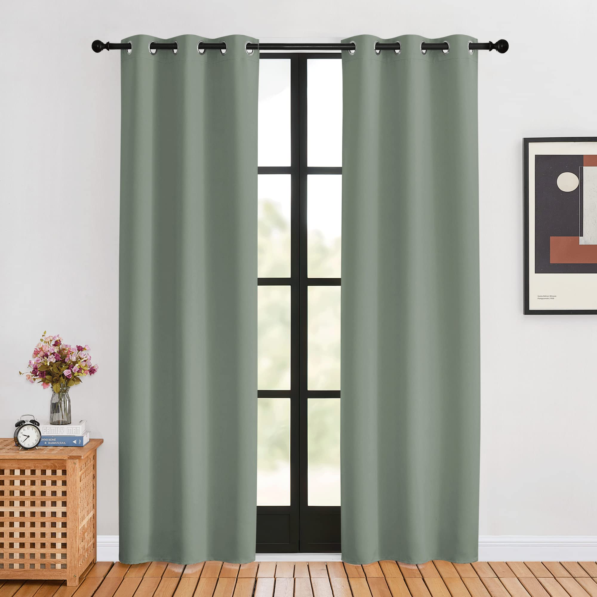 Nicetown Window Curtain Panels, Greyish Green, 1 Pair, 34 By 80-Inch, Thermal Insulated Solid Grommet Blackout Draperies/Drapes