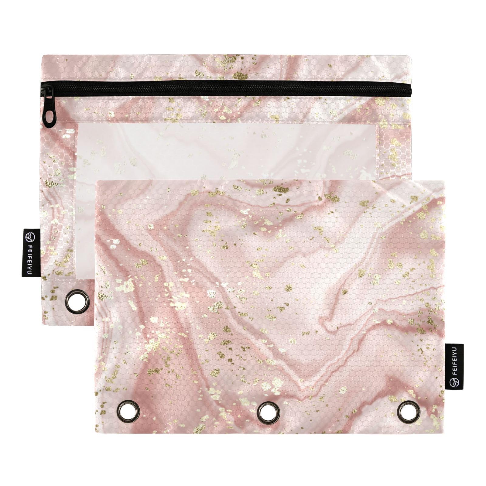 Kigai Marble Binder Pencil Pouch 3 Ring,Zipper Pencil Case With Clear Window Pencil Pouch 2 Pack For School Classroom Office Org