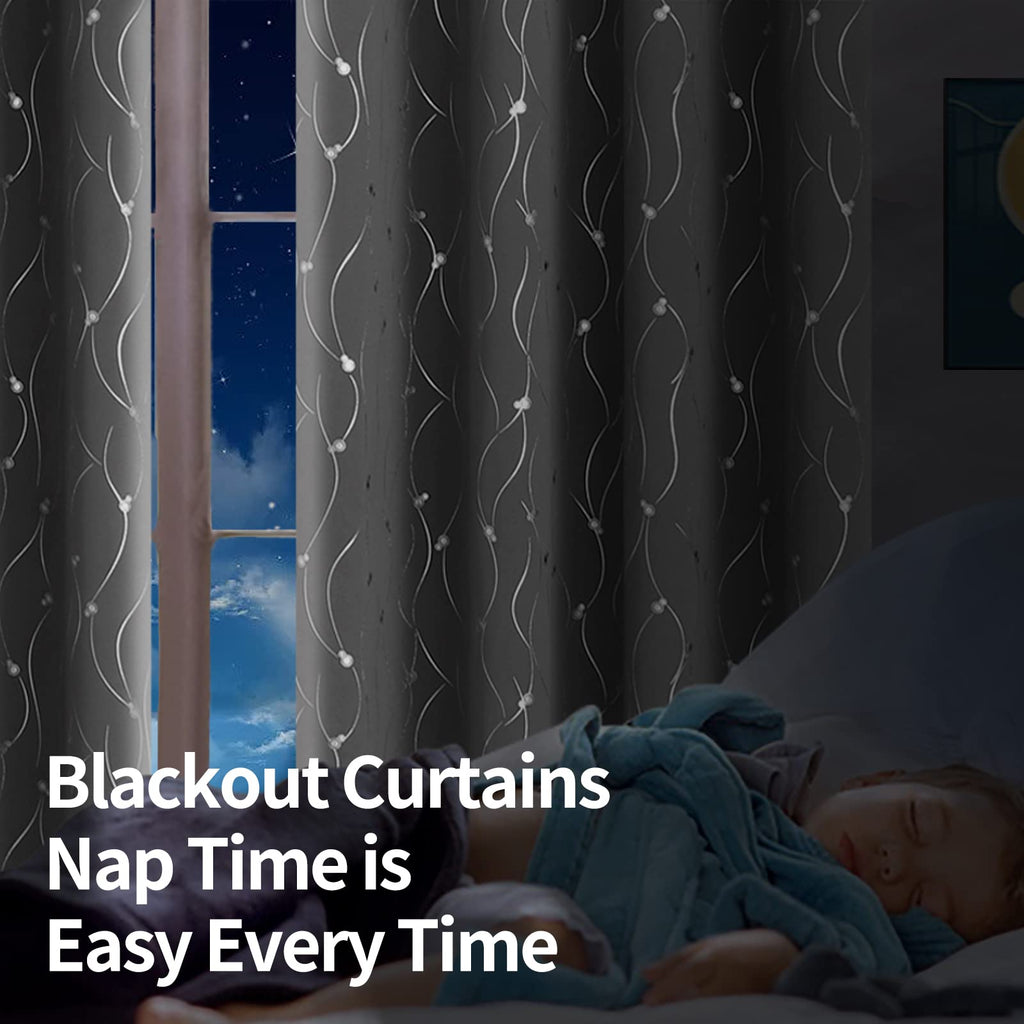 Bgment Blackout Curtains 45 Inches Long, Grommet Thermal Insulated Blackout Curtains With Wave Line And Dots Printed For Bedroom, 2 Panels, Each 52 X 45 Inch, Dark Grey