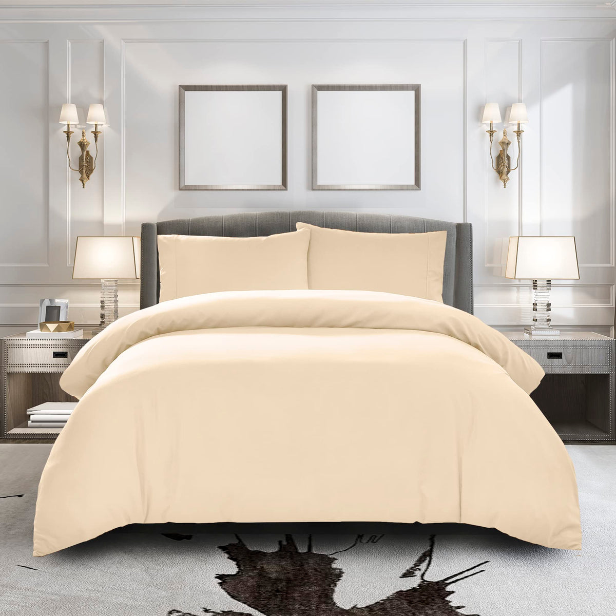 Pure Bedding Duvet Cover Queen [3-Piece, Beige] - 1 Comforter Protector With Zipper Flap And 2 Pillow Shams - Hotel Luxury 1800