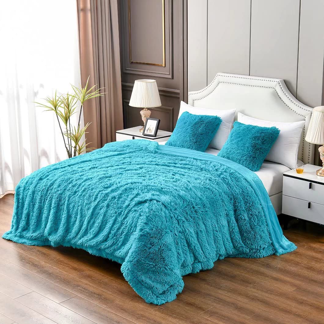 Yusoki Teal King Faux Fur Blanket,2 Layers,90'X104',Without Pillows Big Soft Plush Fuzzy Large Warm Fluffy Blanket For Bed