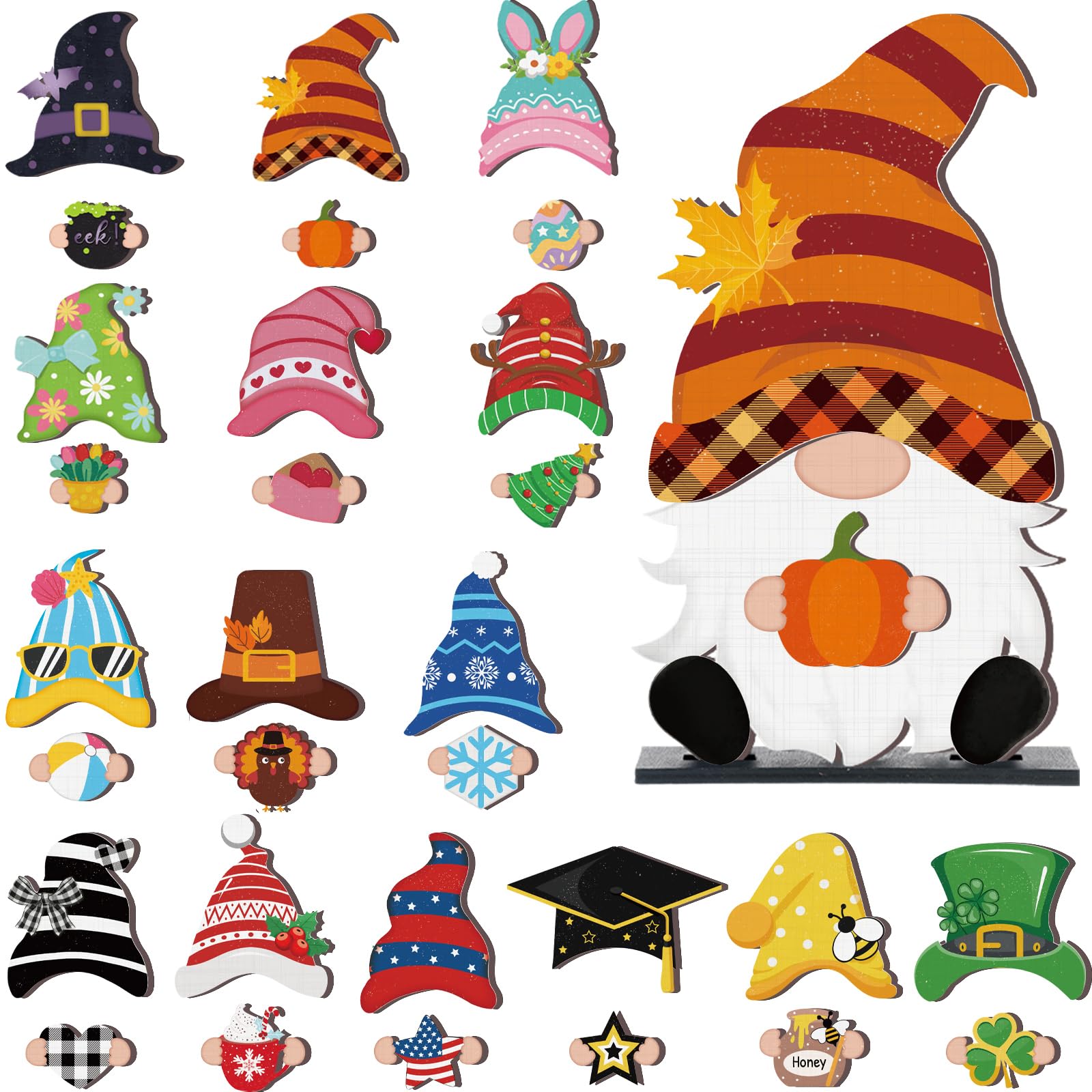 Blulu Fall Christmas Interchangeable Wooden Gnome Decor DIY Holiday Halloween Thanksgiving Seasonal Tiered Tray Decoration with 