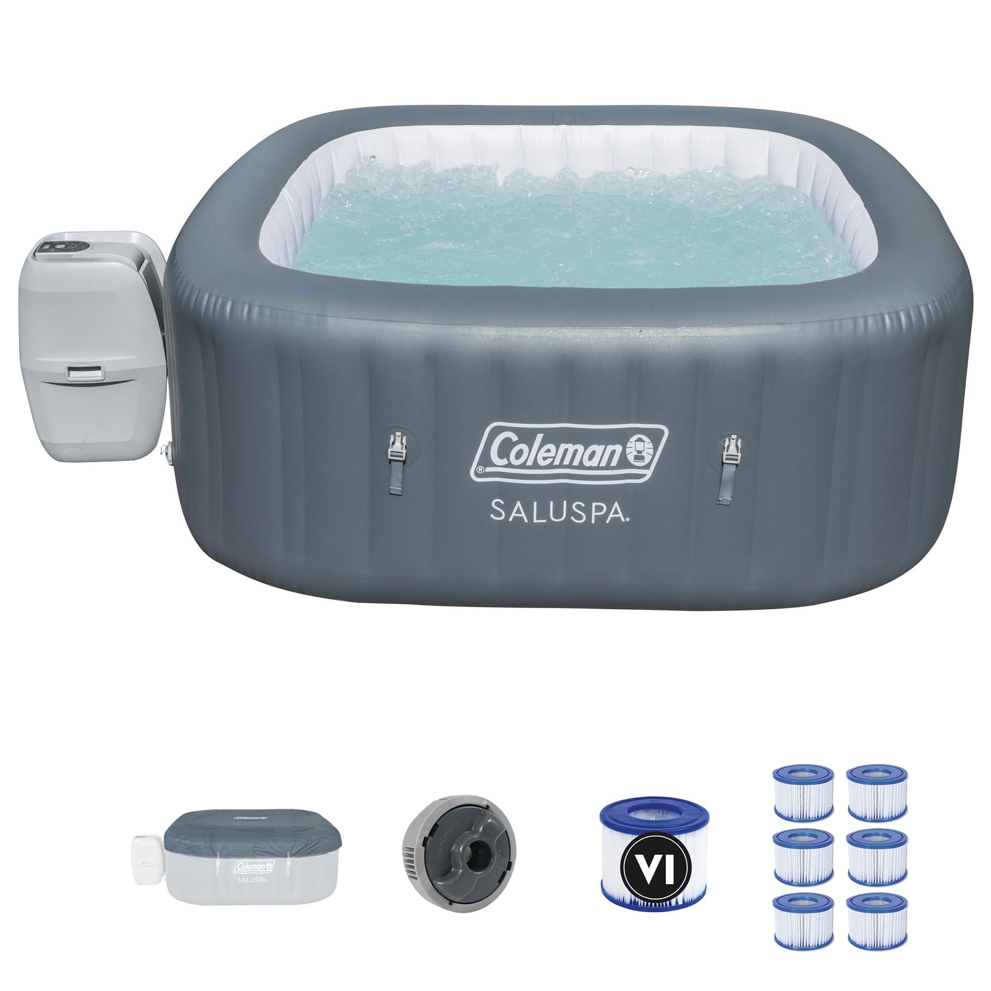 Coleman Saluspa 140 Air Jet 4-6 Person Inflatable Hot Tub Spa, Gray, With Bestway Saluspa 90352E Filter Pump Type Vi Replacement