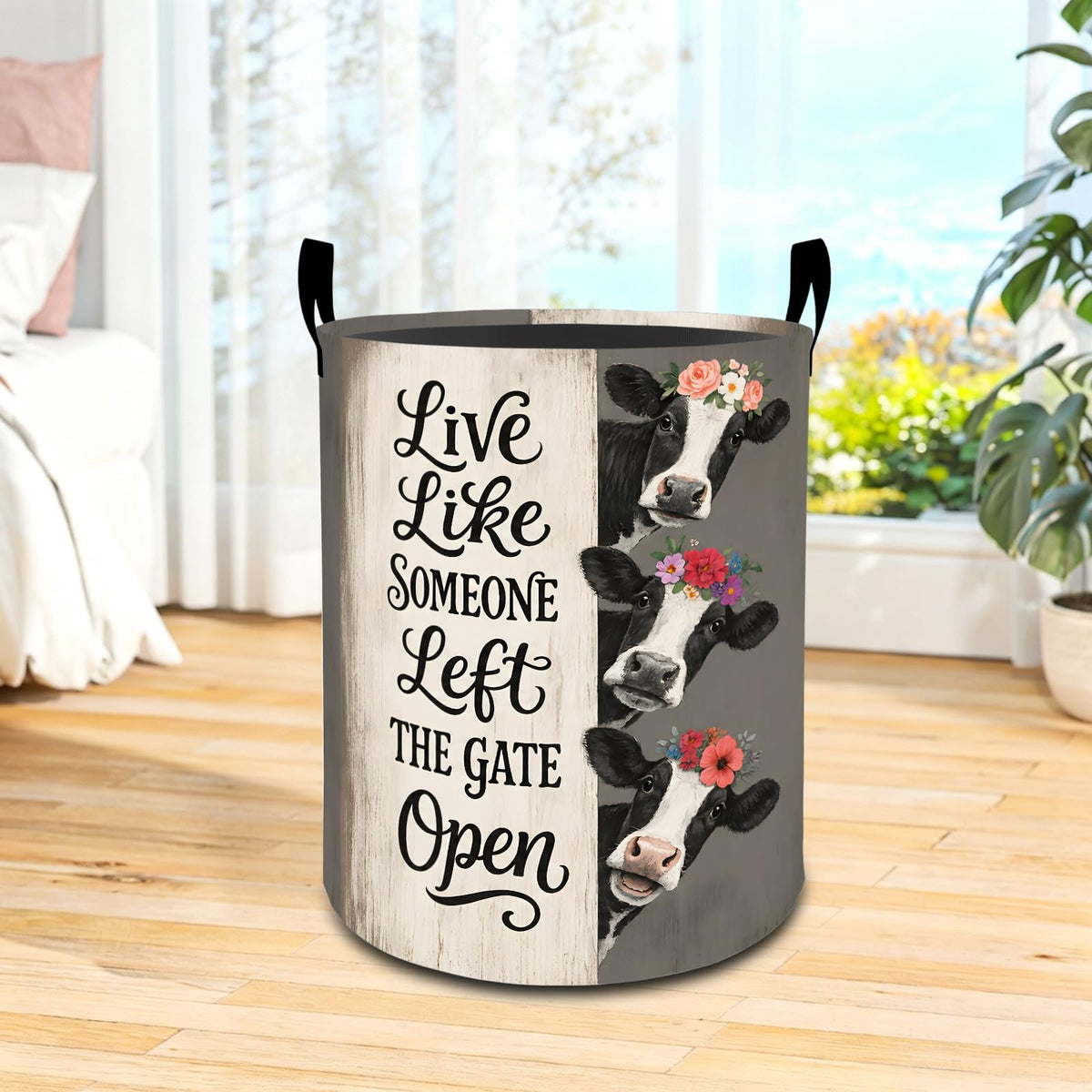coedoaes Cute Cow Laundry Basket with Handles, Fun Quote Calf Flower Foldable Clothes Hamper, Vintage Country Waterproof Oxford 