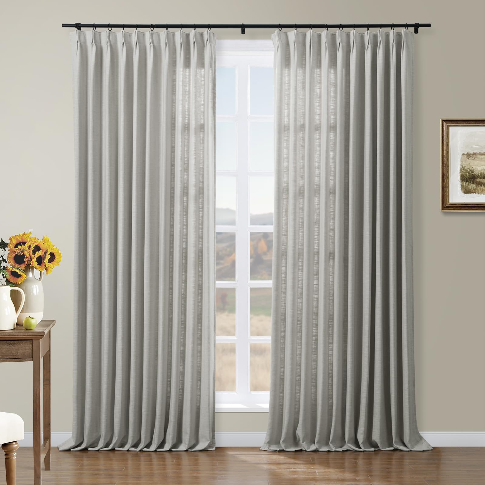 TWOPAGES Fog Linen Pinch Pleat Curtain for Living Room, Window Treatment Curtain Panel Double Layer Light Filtering Room Darkeni
