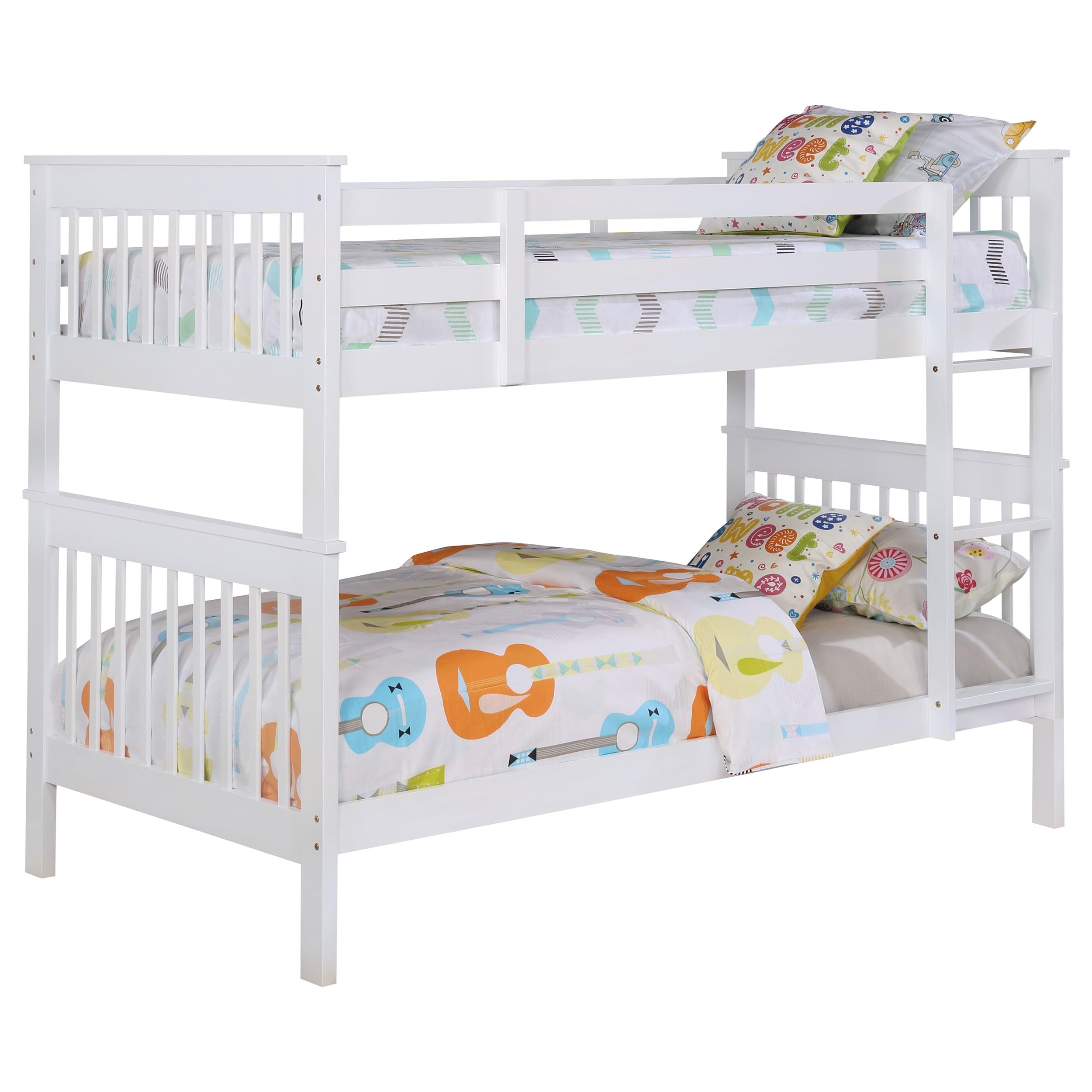 Coaster Home Furnishings Chapman Transitional Wood Twin Over Twin Size Bunk Bed Frame with Ladder and Guardrails Fully Slatted Mattress Ready Foundation White 460244N