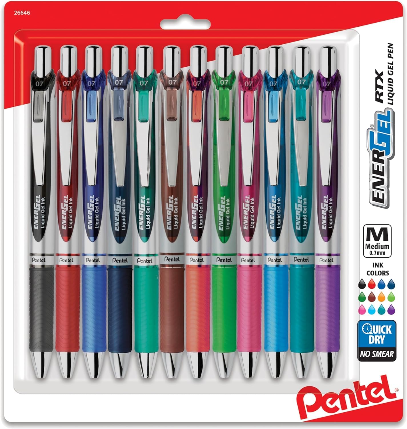 Pentel Energel Xm Bl77 - Retractable Liquid Gel Ink Pen - 0.7Mm - 52% Recycled - Pack Of 12 Mixed Colours