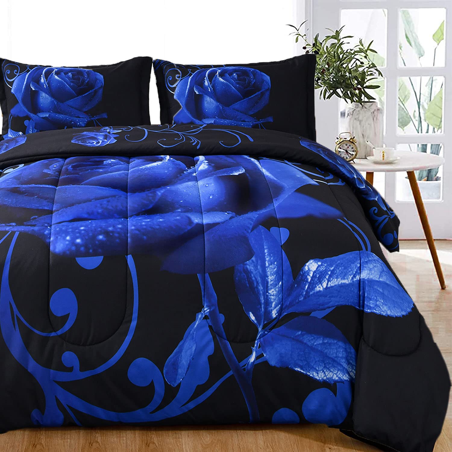 Wongs Bedding Blue Comforter Set Queen Valentine'S Day Reversible Blue Rose Pattern Printed Bedding Comforter Set With 2 Pillowc