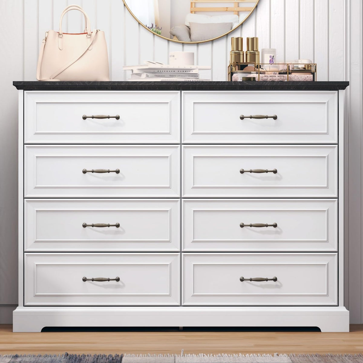 Thacuok Farmhouse Dresser For Bedroom With 8 Drawer, Dresser For Closet,Rustic Wooden Chest Of Drawers With Natural Wood Texture