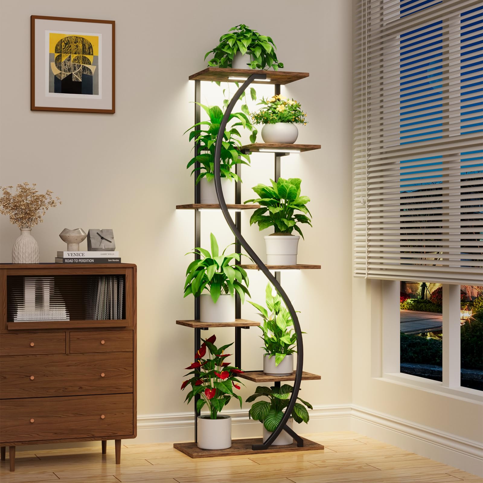 Mjomkn 59' Tall Plant Stand With Grow Light Indoor, 7 Tiered Metal Plant Shelf, S-Shaped Flower Display Stand, Corner Storage S