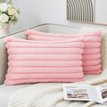 Grineed Throw Pillow Covers Decorative Faux Fur Set Of 2 12X20 Inch Pillow Covers, Soft Pink Lumbar Plush Striped Pillowcases Fo