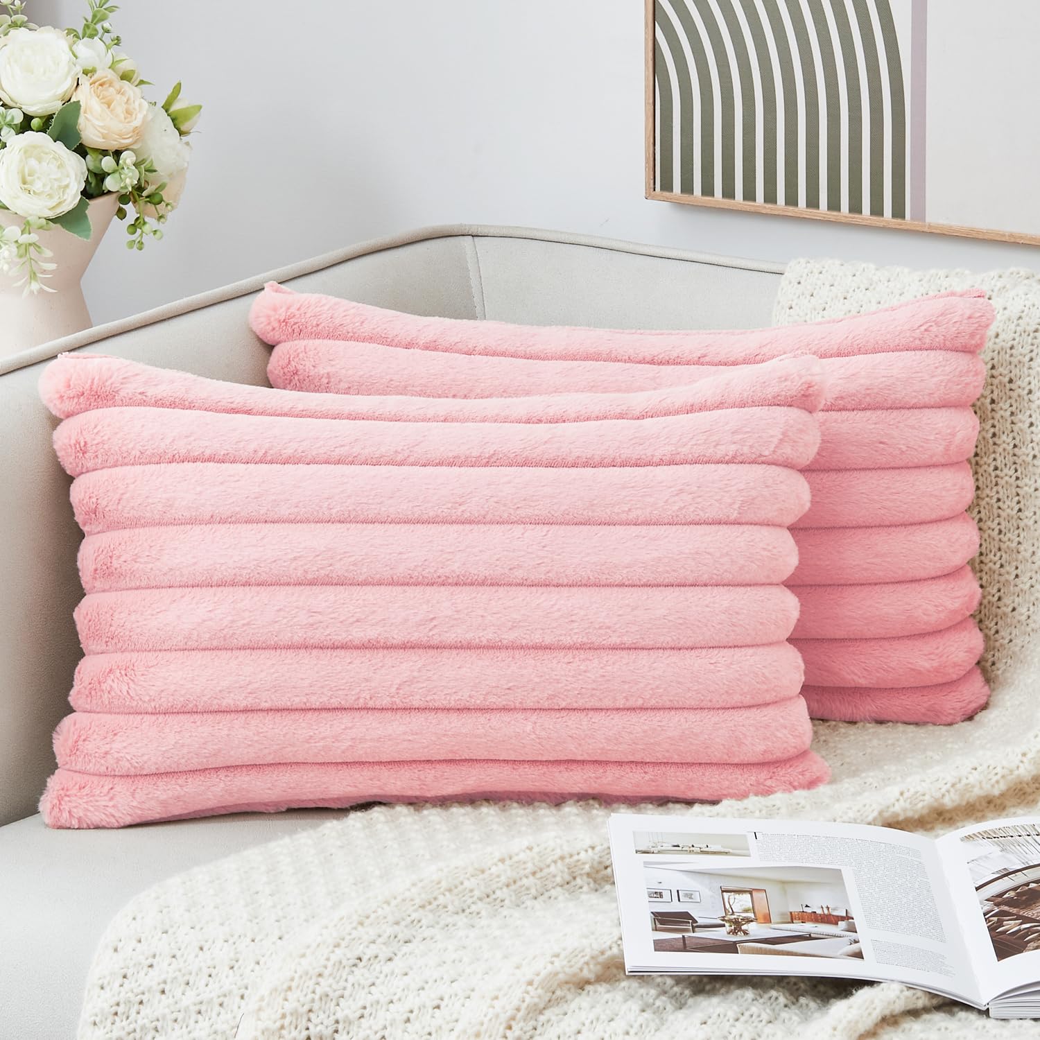 Grineed Throw Pillow Covers Decorative Faux Fur Set Of 2 12X20 Inch Pillow Covers, Soft Pink Lumbar Plush Striped Pillowcases Fo