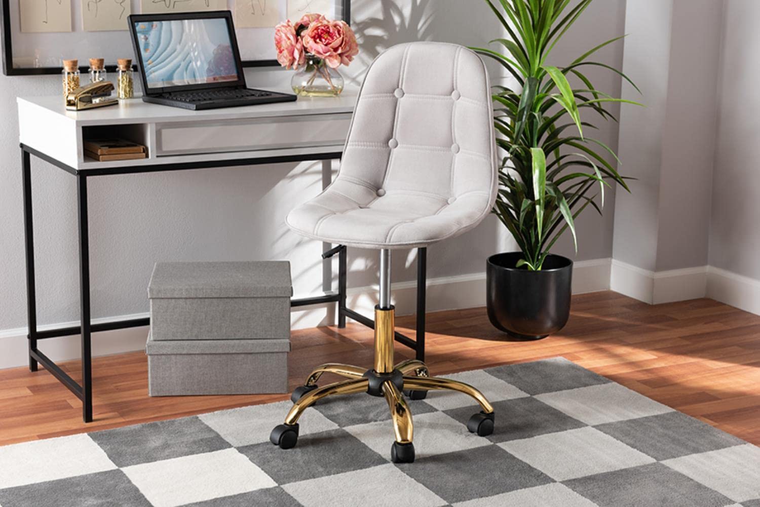 Baxton Studio Kabira Grey Velvet Fabric and Gold Metal Swivel Office Chair