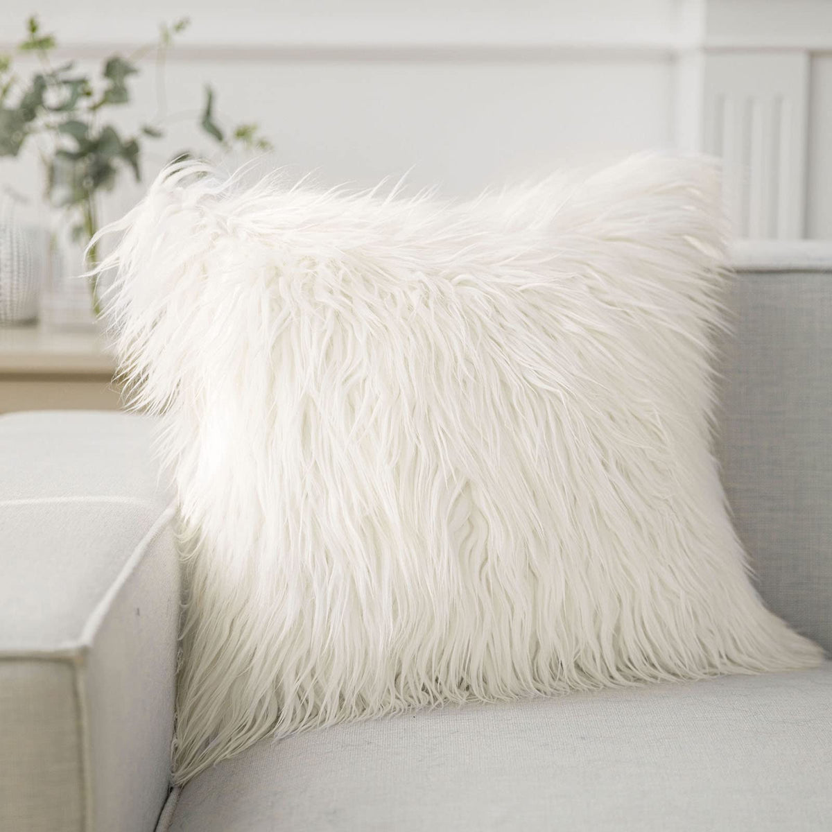 Phantoscope Faux Fur Pillow Cover Decorative Fluffy Throw Pillow Mongolian Luxury Fuzzy Pillow Case Cushion Cover For Bedroom And Couch,Off-White 24 X 24 Inches