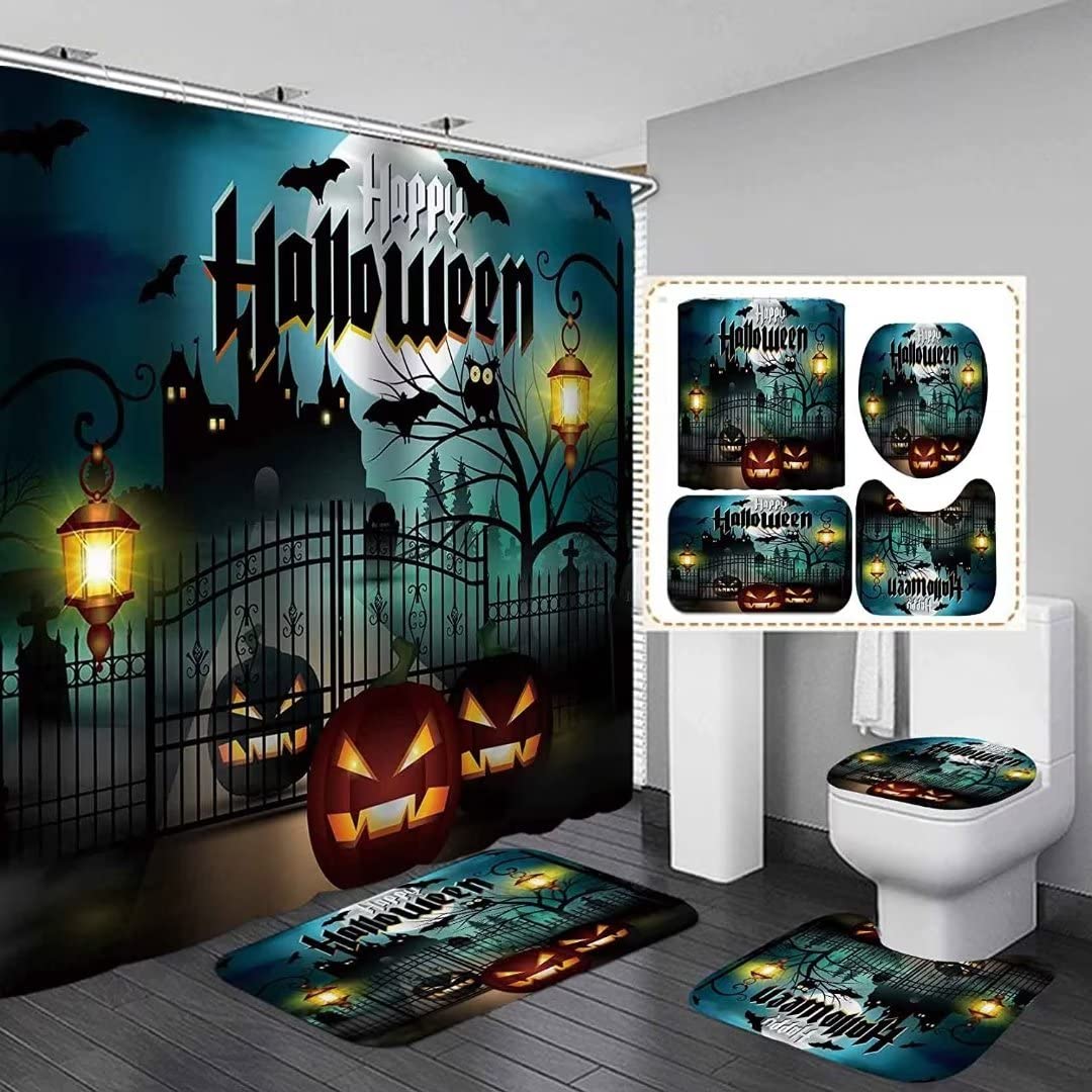 NBVKO Halloween Castle Pumpkin Waterproof Shower Curtain,with Non-Slip Rugs,Toilet Lid Cover and Bath Mat,Bathroom Shower Decor 