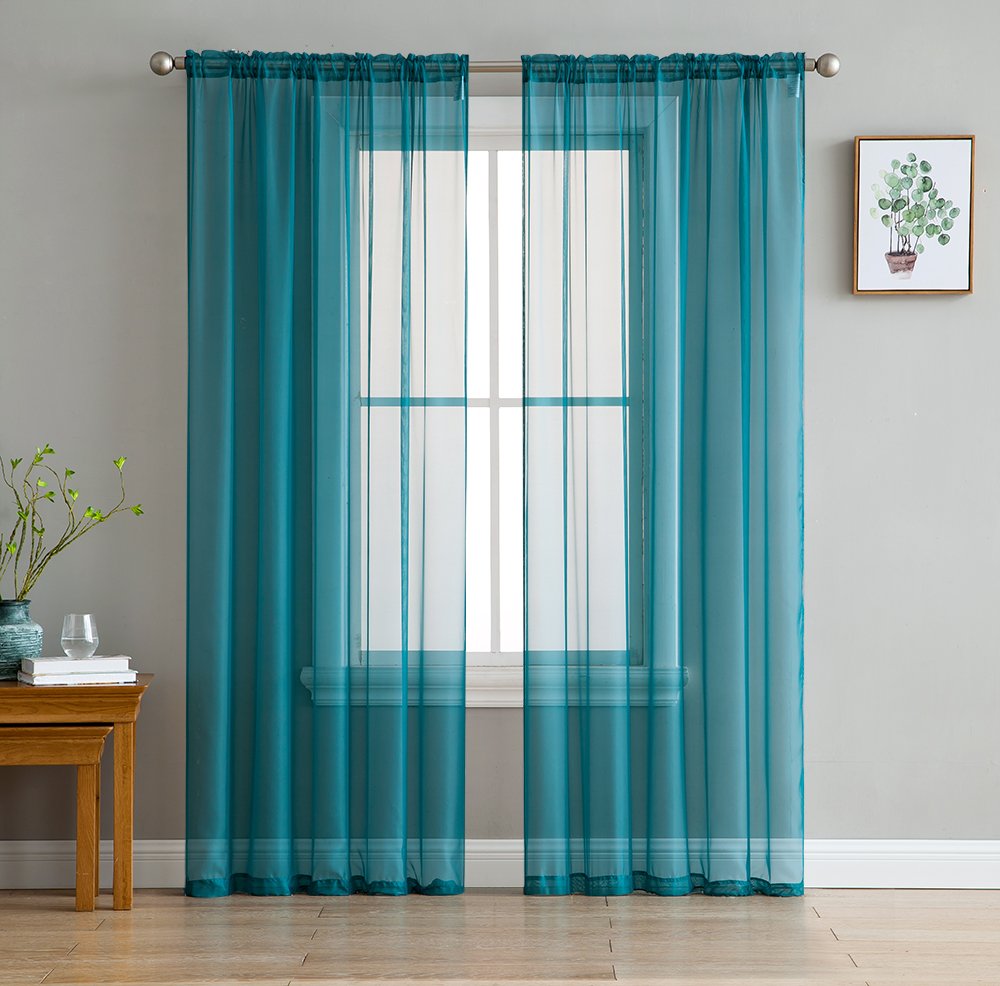 Hlc.Me Grey Teal Sheer Curtain Panels: Sheer Voile Light Filtering Window Treatment Coverings Rod Pocket Curtain Panels For Bedr